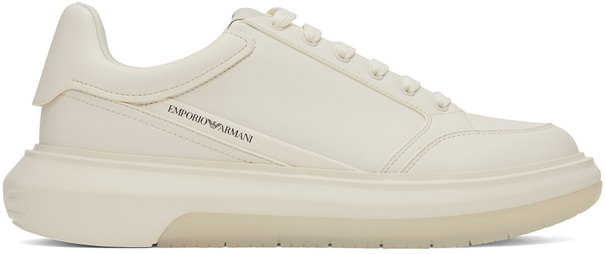 Emporio Armani White Printed Sneakers In Off White+off White