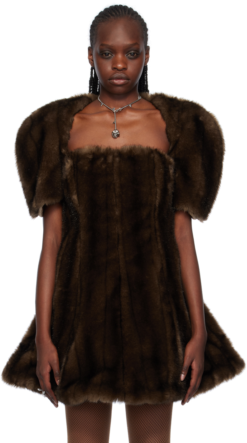 Fidan Novruzova Brown Cropped Faux-fur Cardigan In Brown Faux Fur