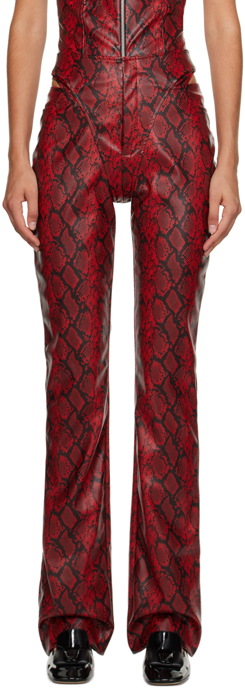 Red and Black Cutout Faux-Leather Trousers