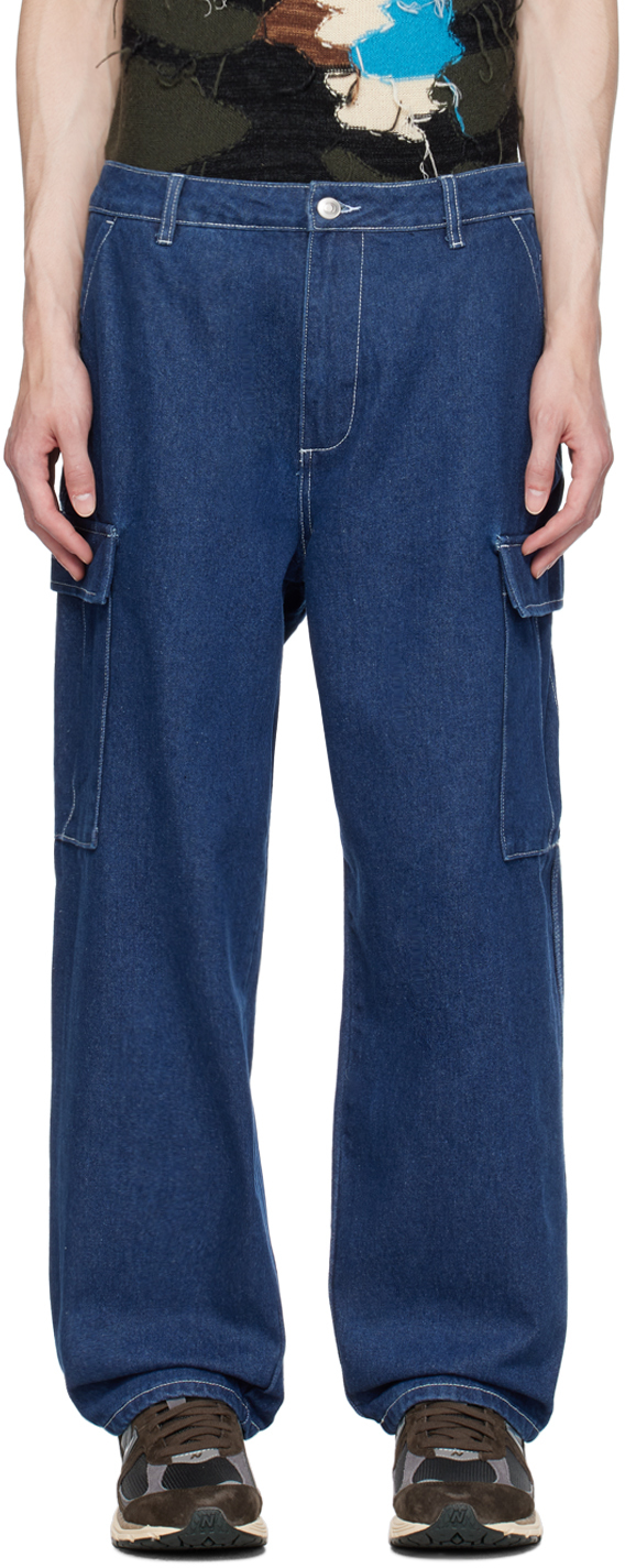 Navy Rinsed Denim Cargo Pants by Pop Trading Company on Sale