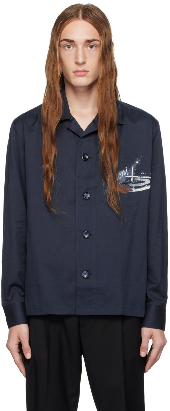 Brioni Navy Printed Shirt In 4149 Navy/sky Blue