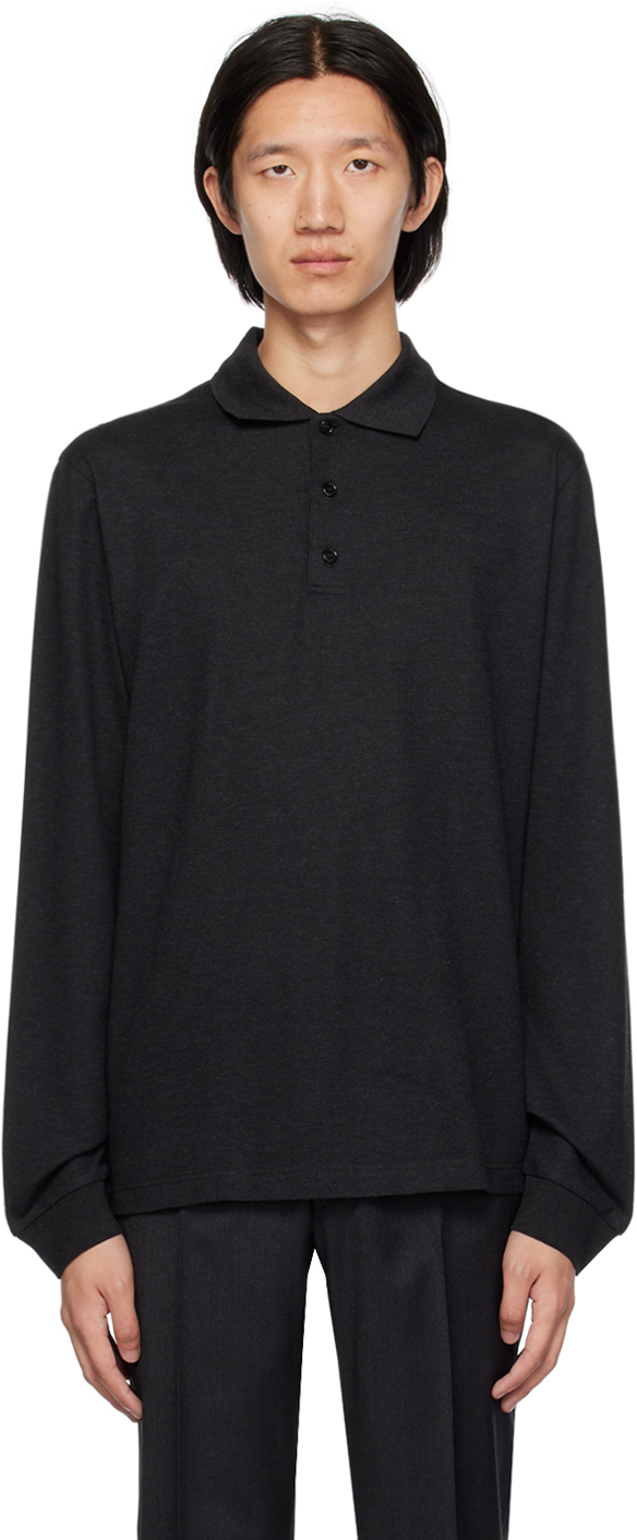 Brioni Long-sleeved Cotton Polo Shirt In 1100 Anthracite