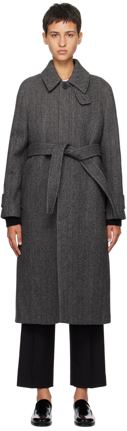 Dunst Grey Belted Coat In Charcoal Herringbone