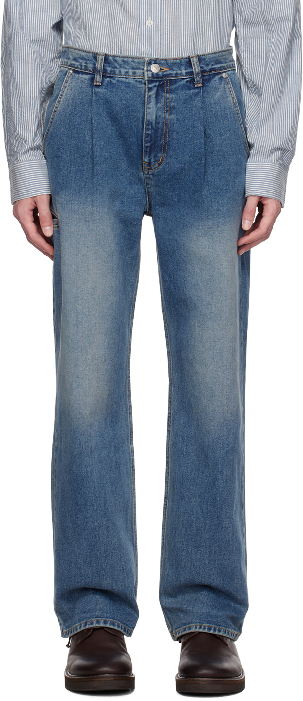 Dunst Blue Pleated Jeans In Mid Blue