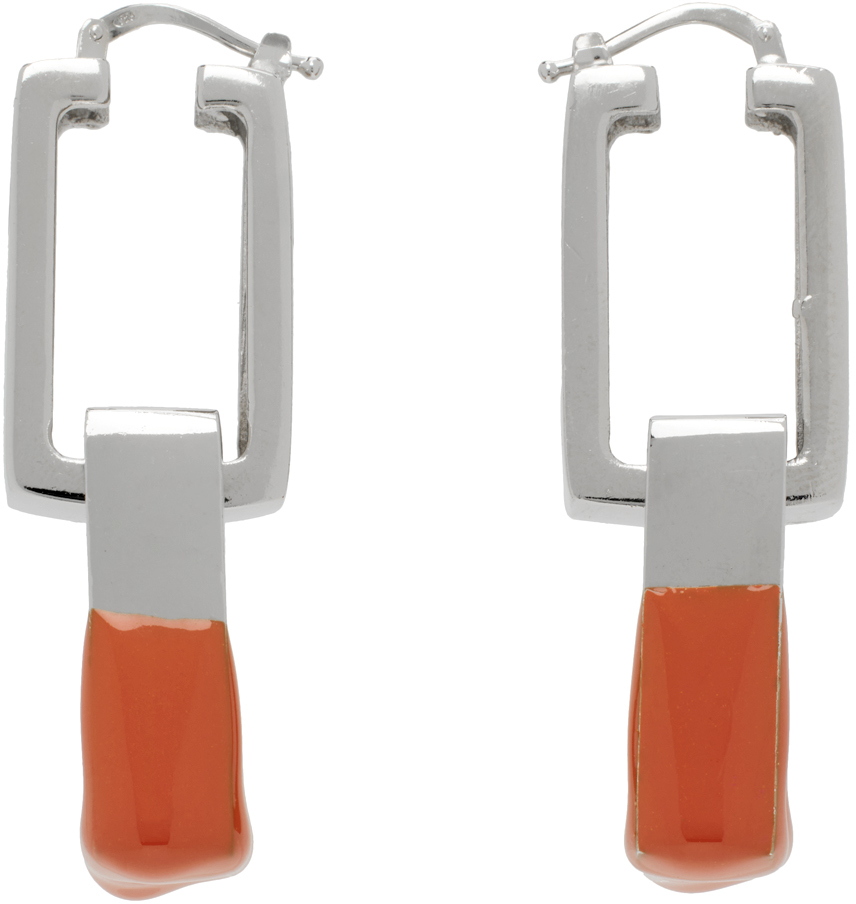 Heron Preston Silver & Orange Dip Dye Chain Earrings In Silver Orange