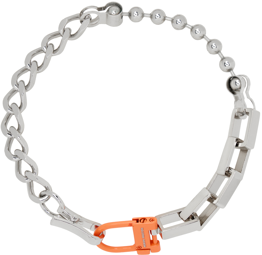 Heron Preston Silver & Orange Multichain Square Necklace In Silver Orange