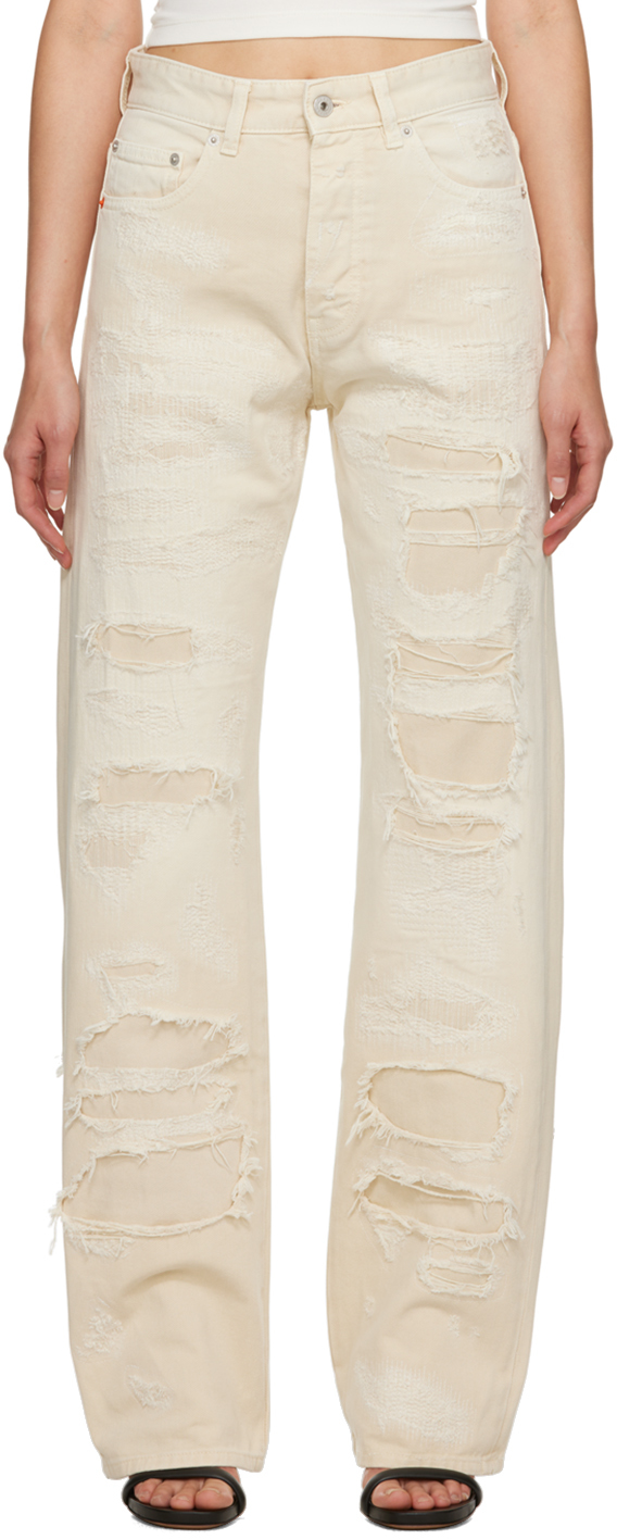 Heron Preston Off-white Super Distressed Jeans In Ivory