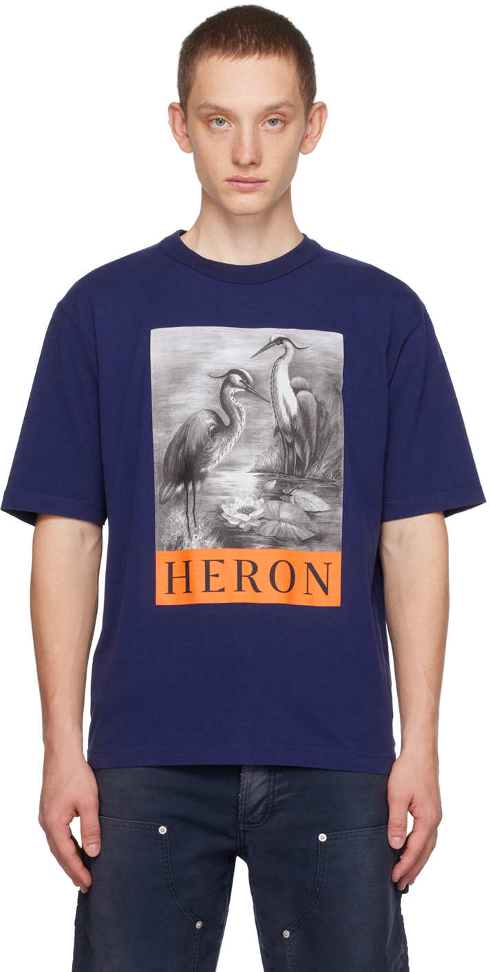 Shop Heron Preston Navy 'heron' T-shirt In Navy Blue Black