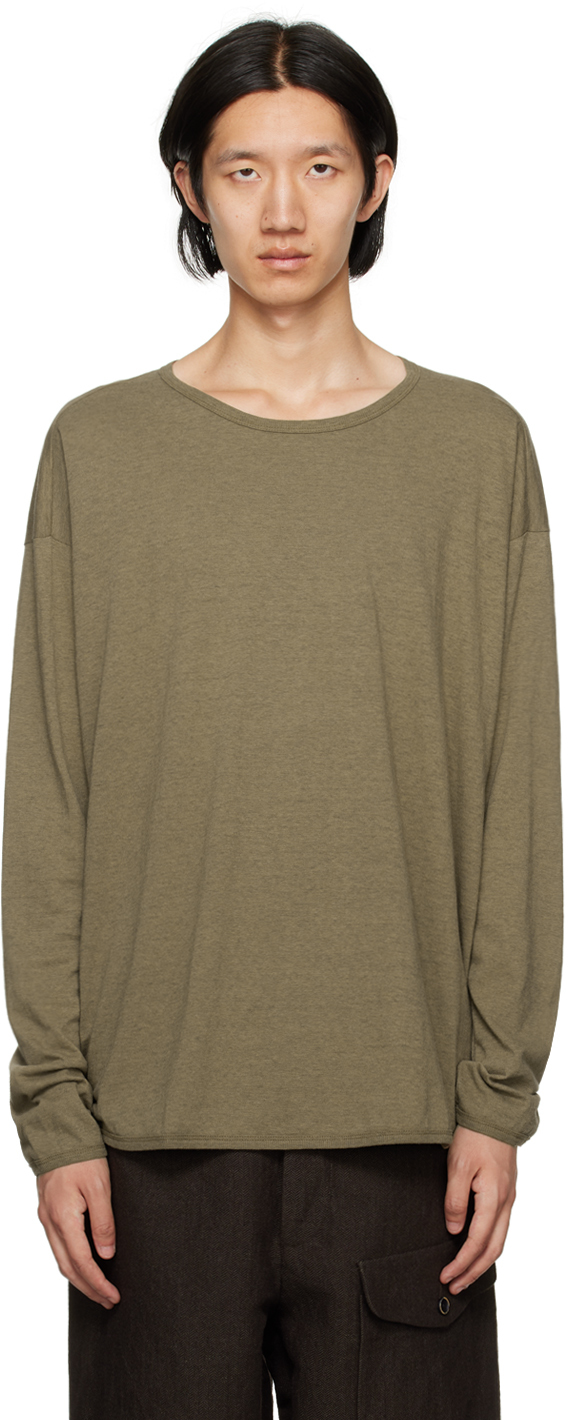 Jan-jan Van Essche Khaki Dropped Shoulder Long Sleeve T-shirt In Khaki Grey Cotton Li