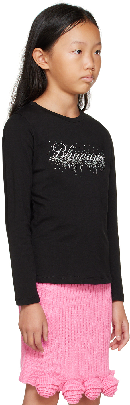 Miss Blumarine Kids Black Crystal Long Sleeve T-shirt In Nero