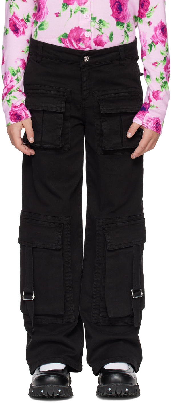 Kids Black Garment-Dyed Cargo Pants by Miss Blumarine on Sale