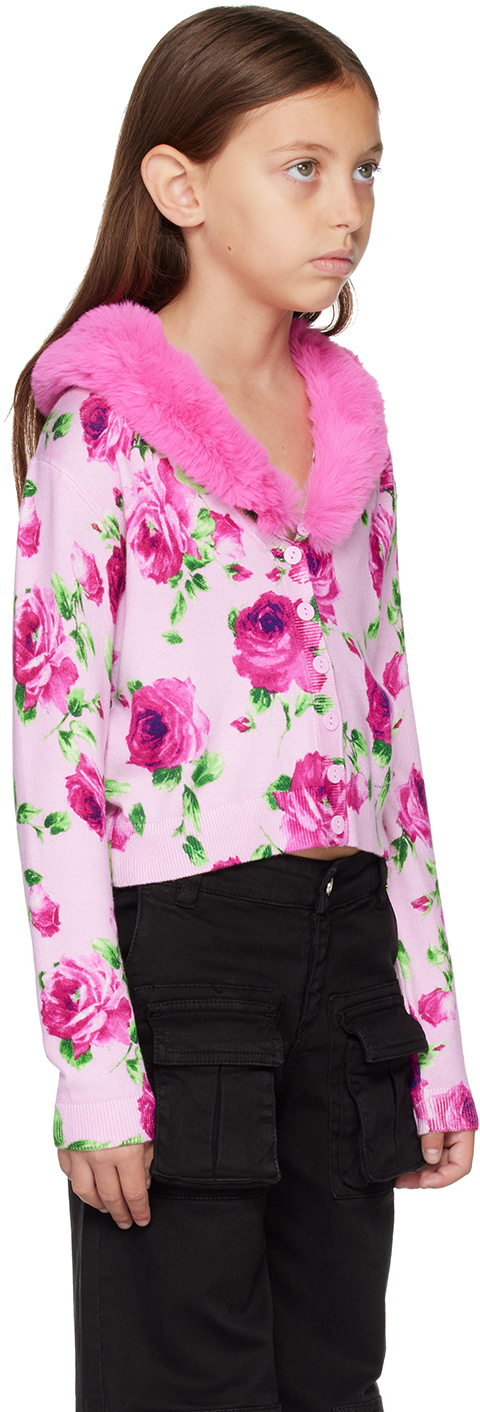 Miss Blumarine Faux-fur Collar Floral Intarsia-knit Cardigan In Pink Q9829