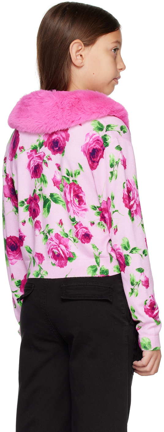 Miss Blumarine Faux-fur Collar Floral Intarsia-knit Cardigan In Pink Q9829