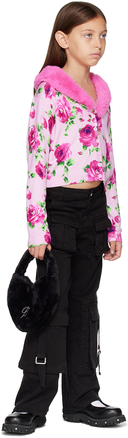 Miss Blumarine Faux-fur Collar Floral Intarsia-knit Cardigan In Pink Q9829