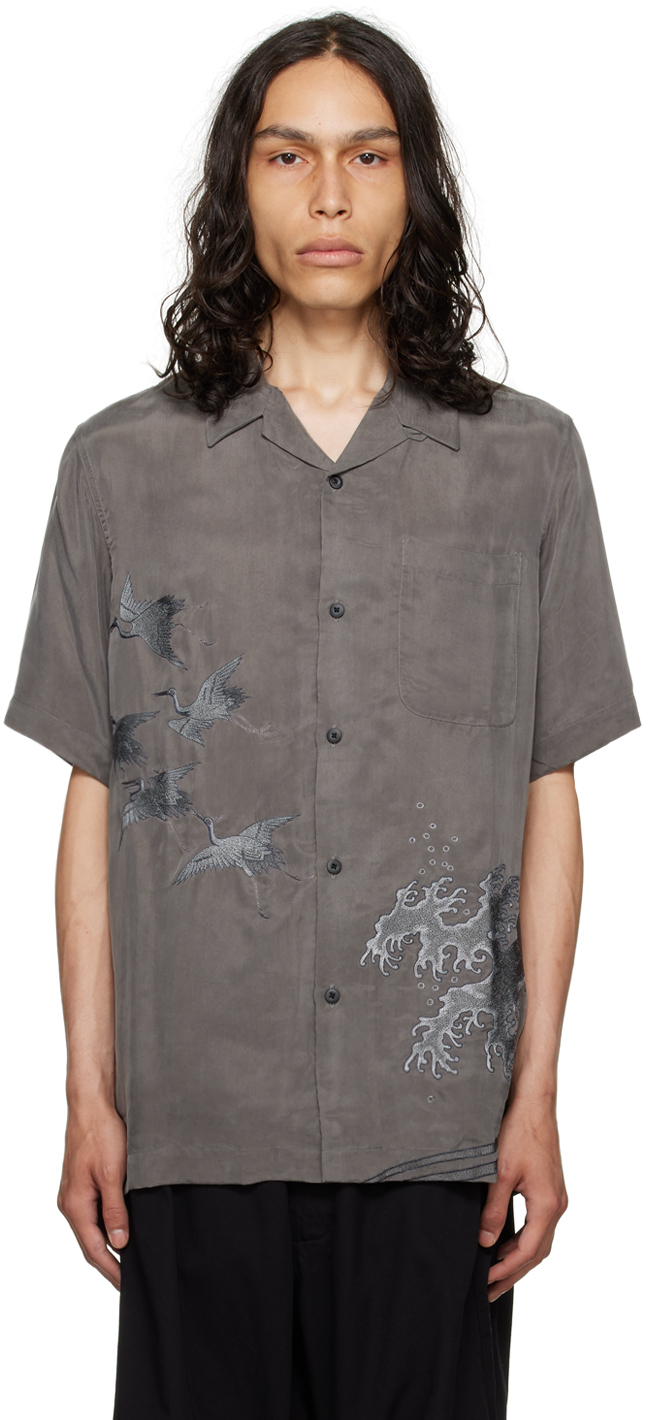 Maharishi Gray Flying Cranes Shirt In Charcoal