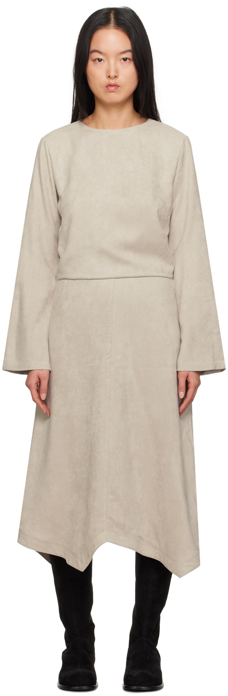 Youth Gray Asymmetric Faux-leather Midi Dress In Grey Beige