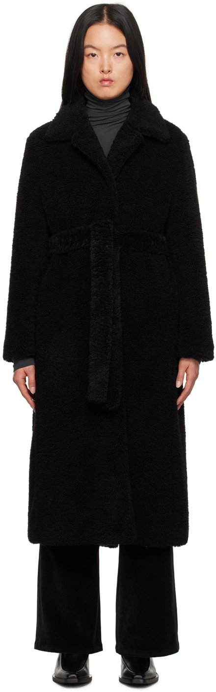Youth Black Belted Faux-shearling Coat
