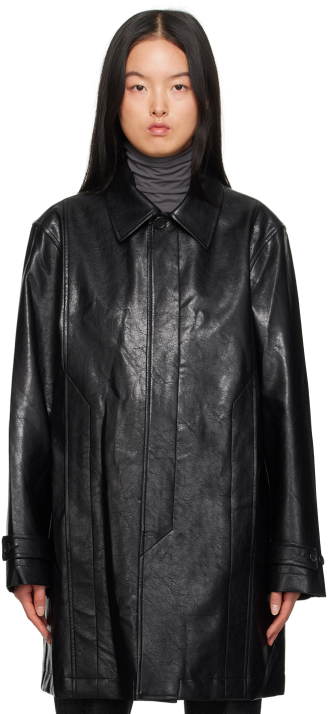 Youth Black Single-breasted Faux-leather Coat In Black Faux Leather