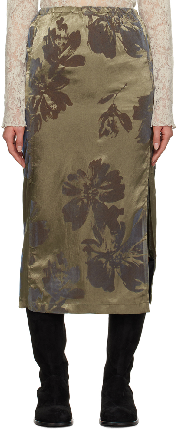 Youth Khaki Side-slit Midi Skirt In Olive Jacquard