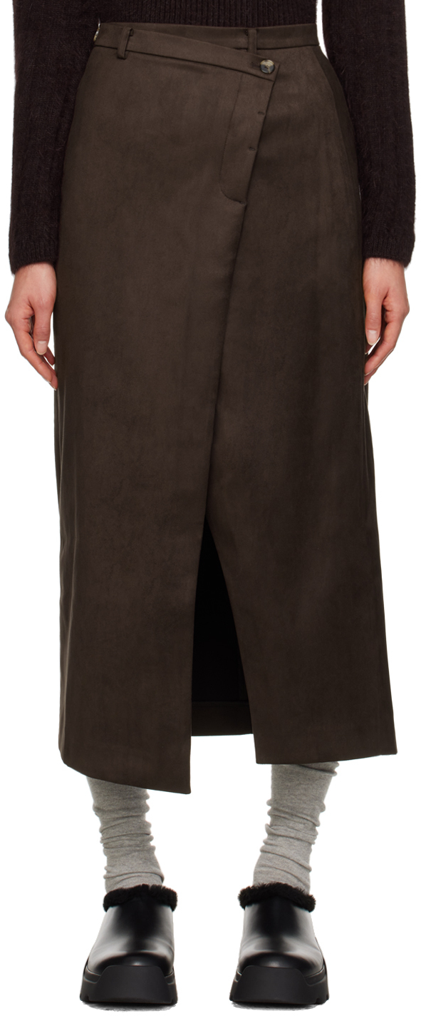 Brown Wrap Faux-Leather Midi Skirt