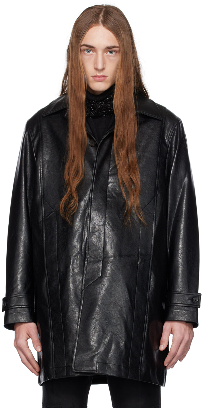 Black Buttoned Faux-Leather Coat