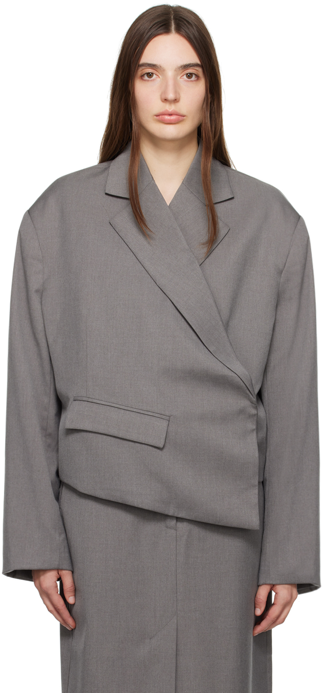 Shop Remain Birger Christensen Gray Overlap Suiting Blazer In 18-0403 Dark Gray