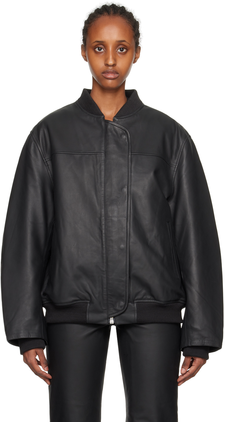 Black Zip Leather Bomber Jacket
