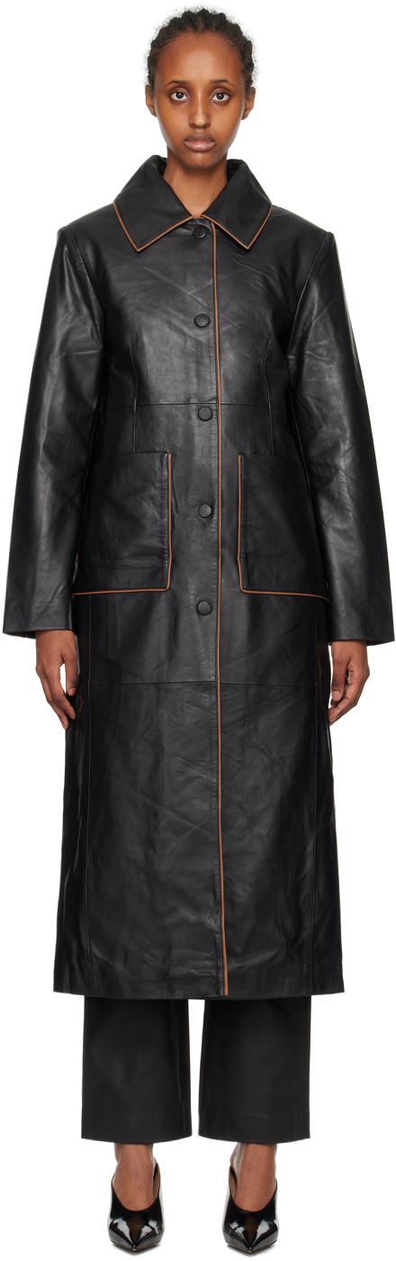 Black Semi-Fitted Leather Coat