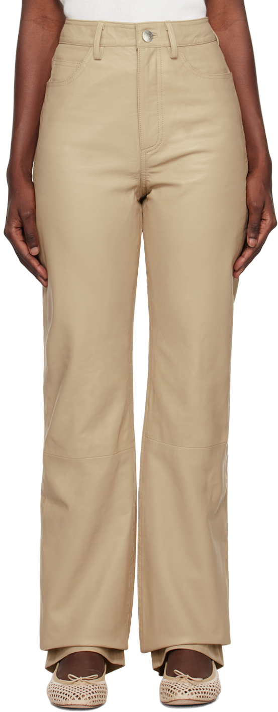 Beige Straight Leather Pants