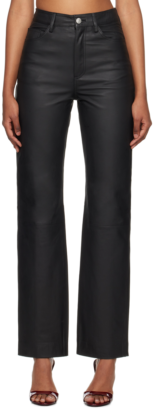 Black Straight Leather Pants by REMAIN Birger Christensen on Sale