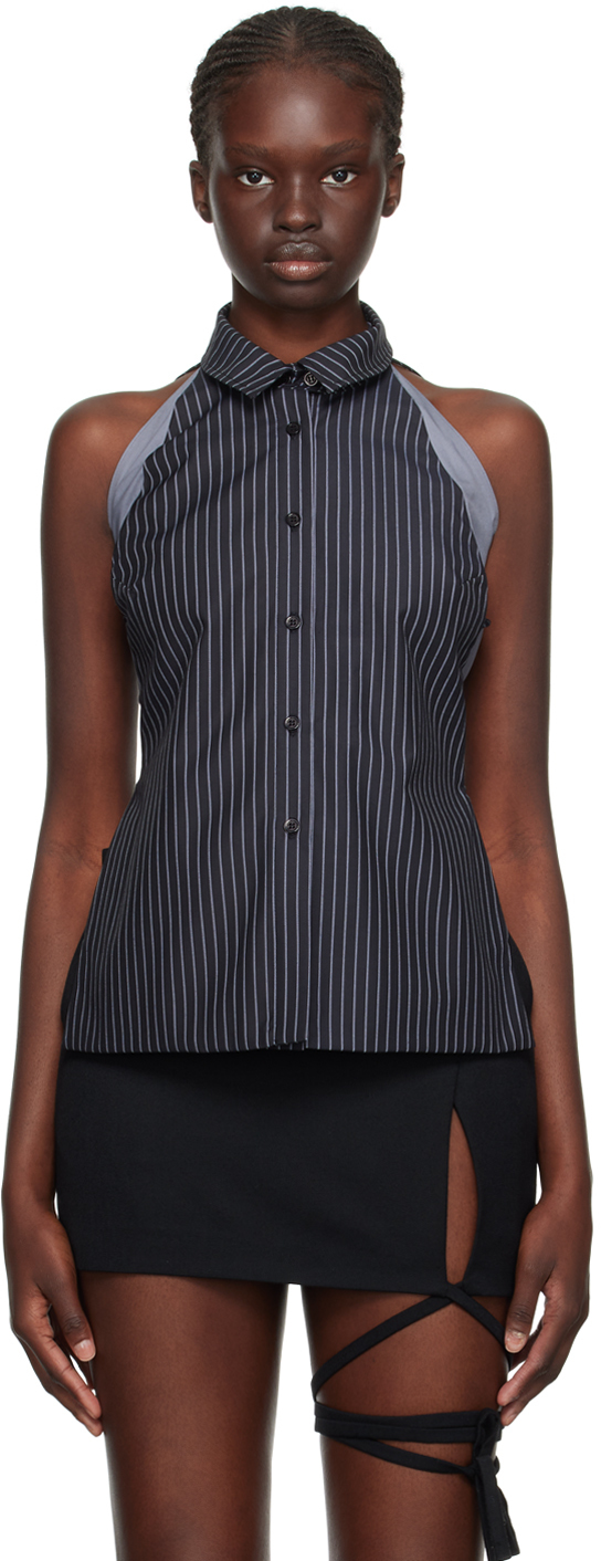 Srvc Black & Blue Apron Shirt In Black Stripe