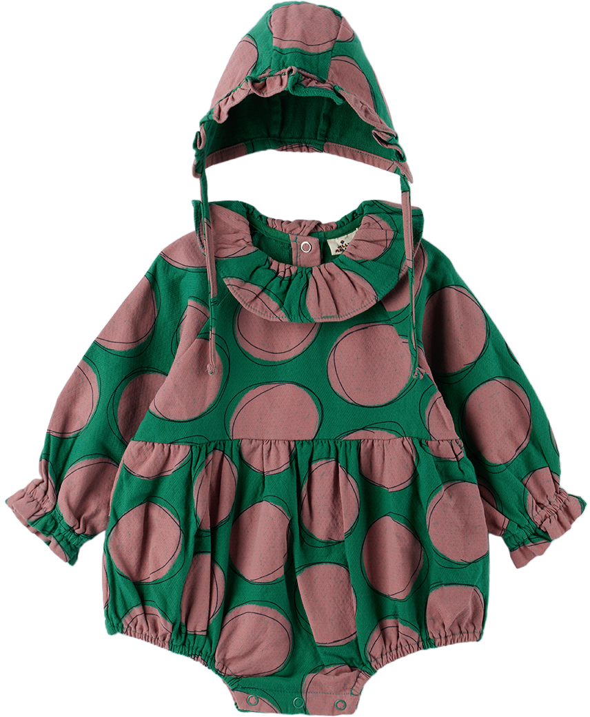 Jellymallow Baby Green & Pink Dot Bodysuit & Bonnet Set