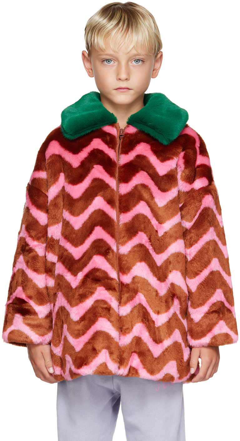 Jellymallow Kids Brown Zigzag Faux-fur Coat