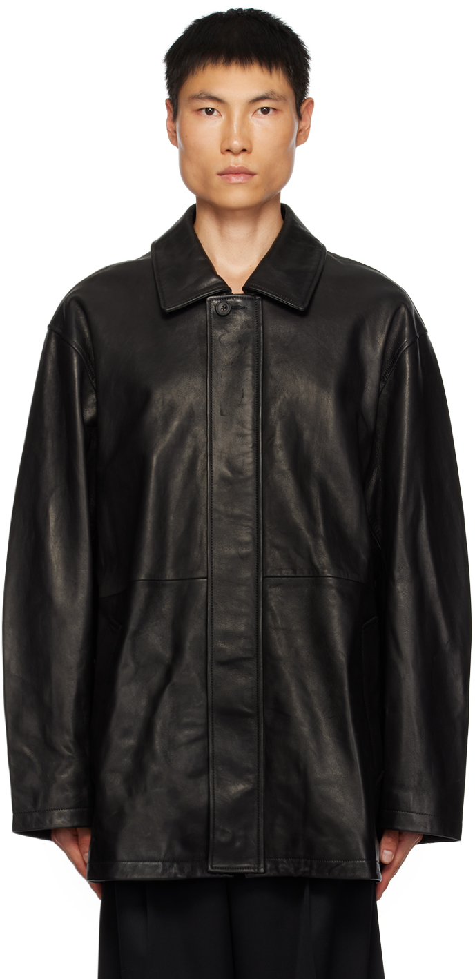 Black Spread Collar Leather Jacket by stein on Sale