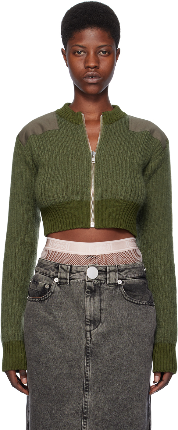 Vaquera Panelled Ribbed-knit Cropped Cardigan In Khaki