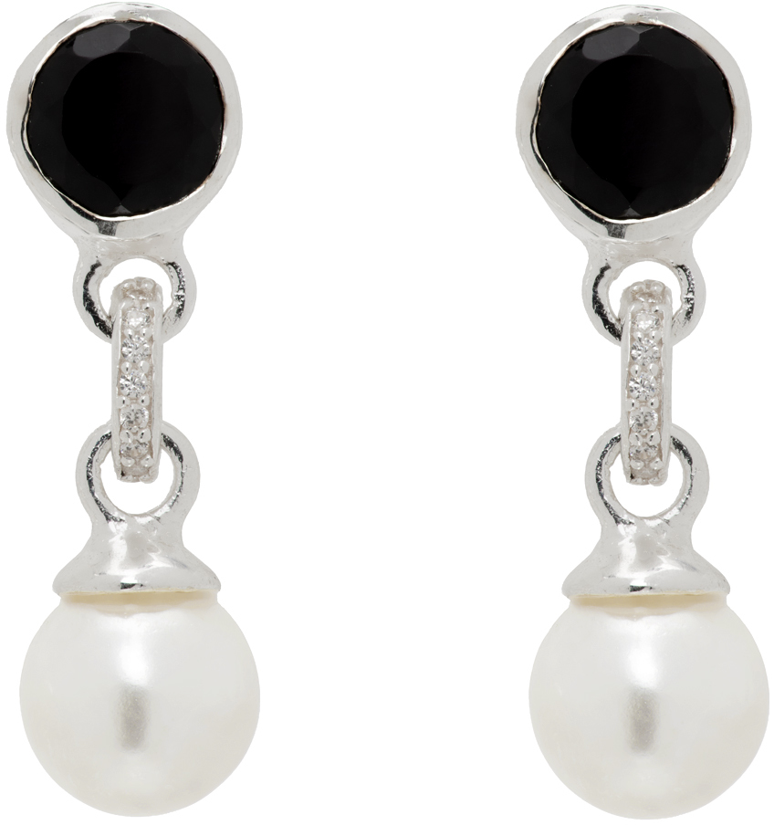 VEERT SSENSE Exclusive White Gold Onyx & Pearl Earrings