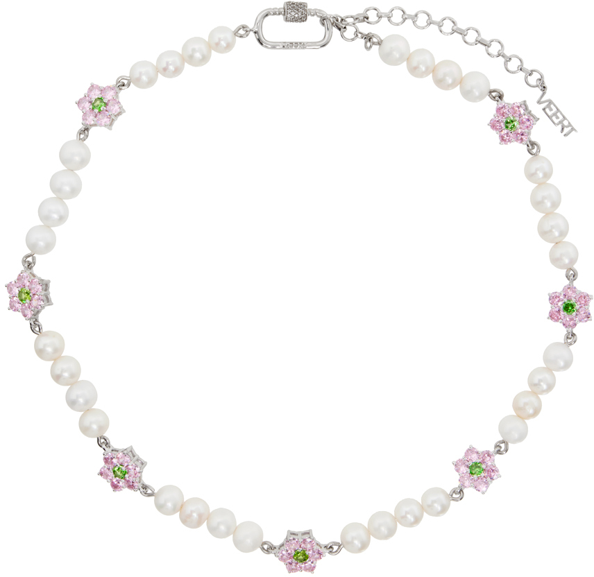 VEERT White Gold & Off-White Freshwater Pearl Flower Necklace