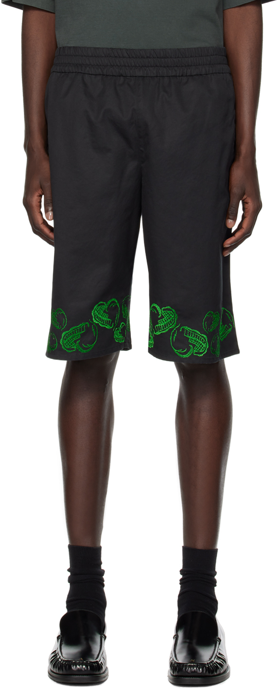 Shop Veert Black Heart Embroidered Shorts In Black & Green