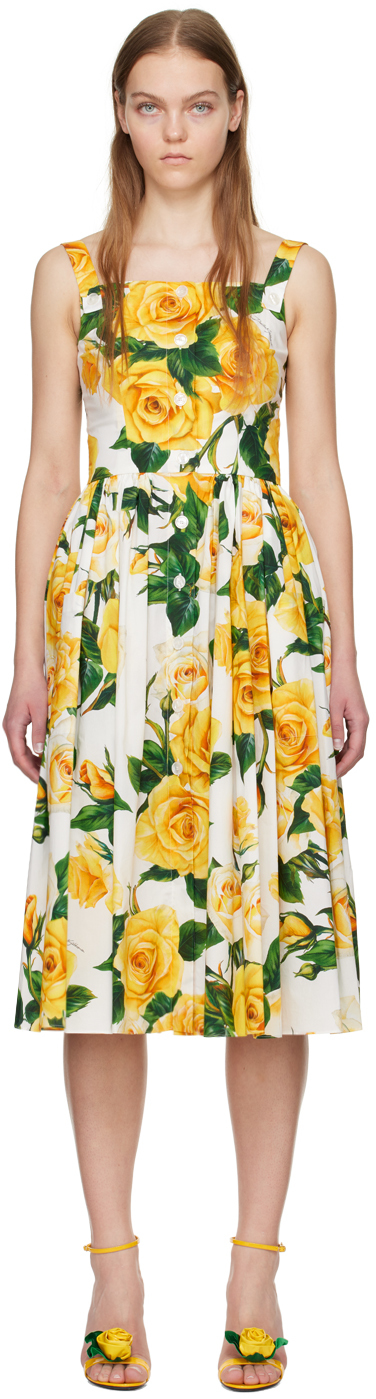 White & Yellow Floral Midi Dress