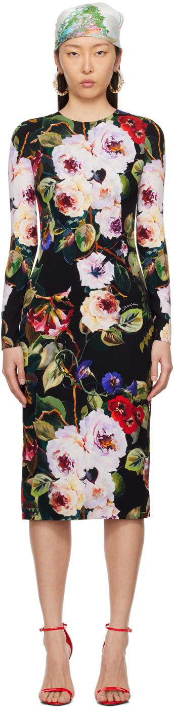 Shop Dolce & Gabbana Black Floral Midi Dress In Hn4ya Roseto Fdo Ner