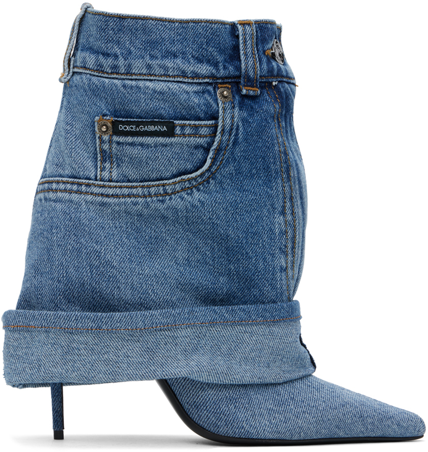 Shop Dolce & Gabbana Blue Patchwork Denim Boots In 80650 Blu