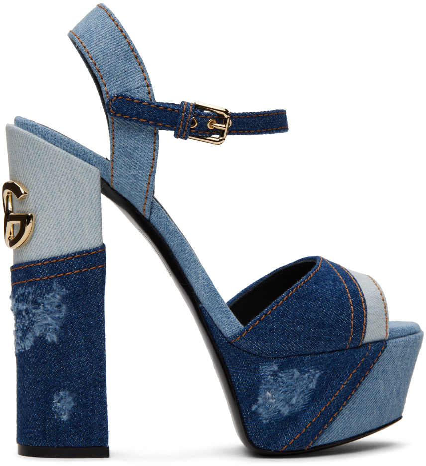 Blue Patchwork Denim Platform Heeled Sandals