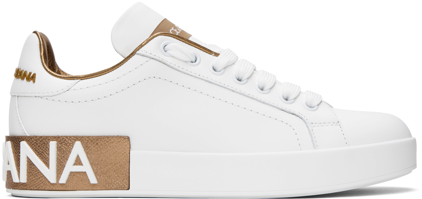 White & Gold Calfskin Portofino Sneakers