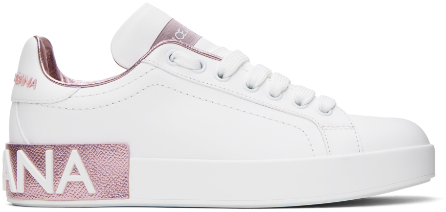 Dolce & Gabbana White & Pink Calfskin Nappa Portofino Sneakers