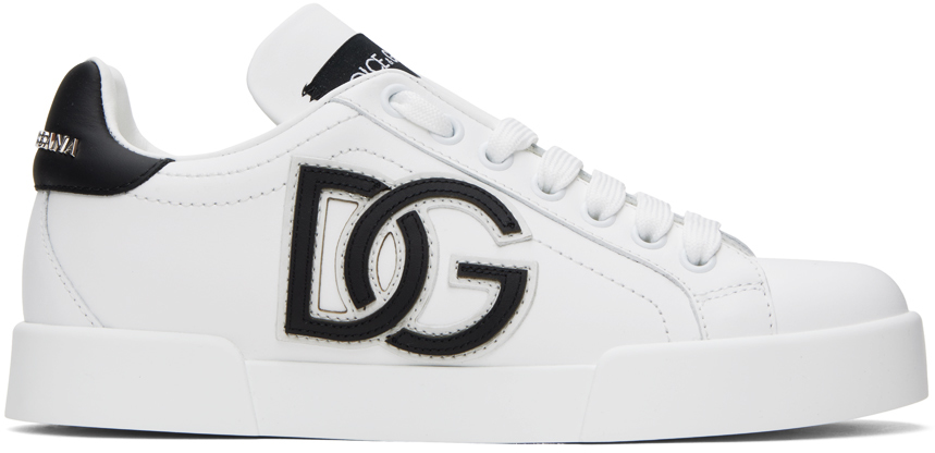 Dolce & Gabbana White & Black Calfskin Portofino DG Logo Sneakers
