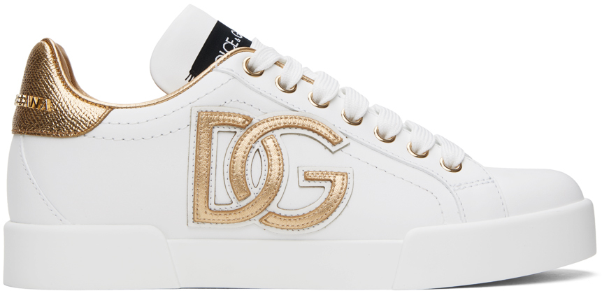 White & Gold Calfskin Portofino DG Logo Sneakers