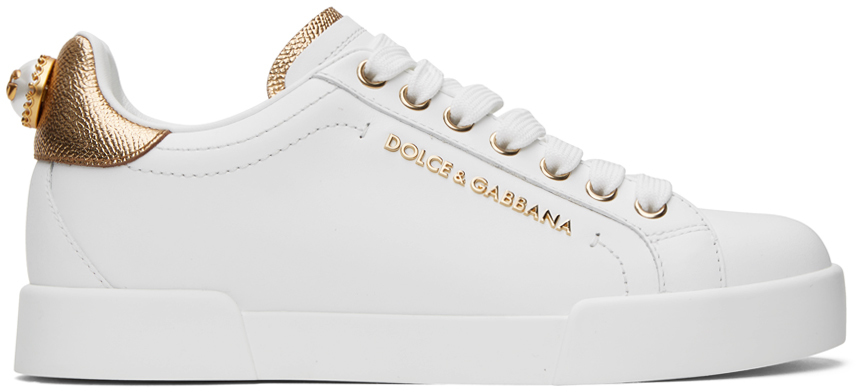 White & Gold Nappa Calfskin Portofino Lettering Sneakers