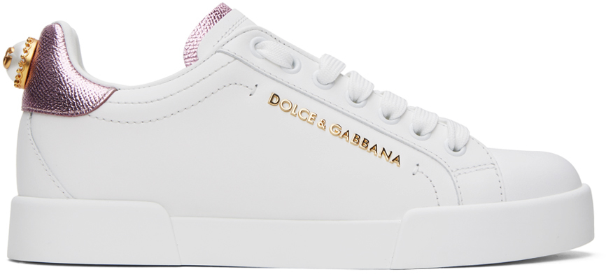 White & Pink Nappa Calfskin Portofino Lettering Sneakers