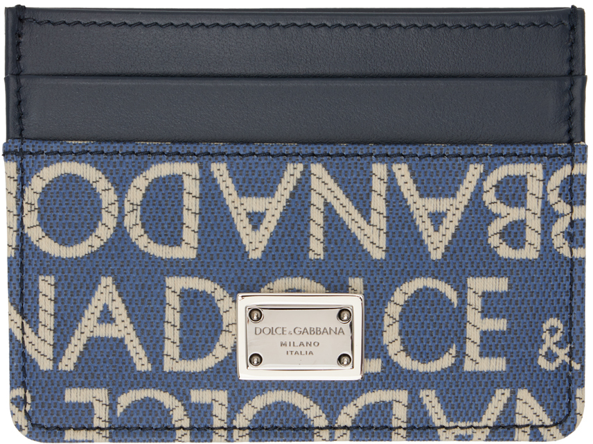 Shop Dolce & Gabbana Navy Coated Jacquard Card Holder In Blu/ecru'