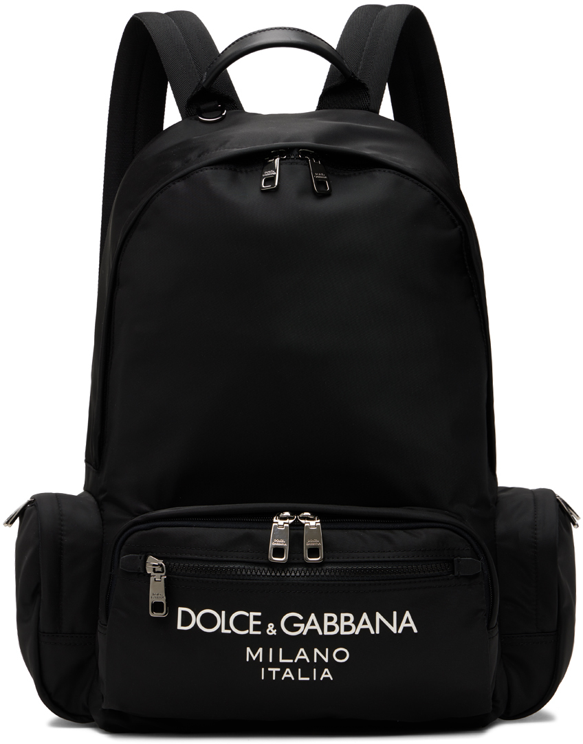 Dolce & Gabbana Black Nylon Rubberized Logo Backpack In Nero/nero